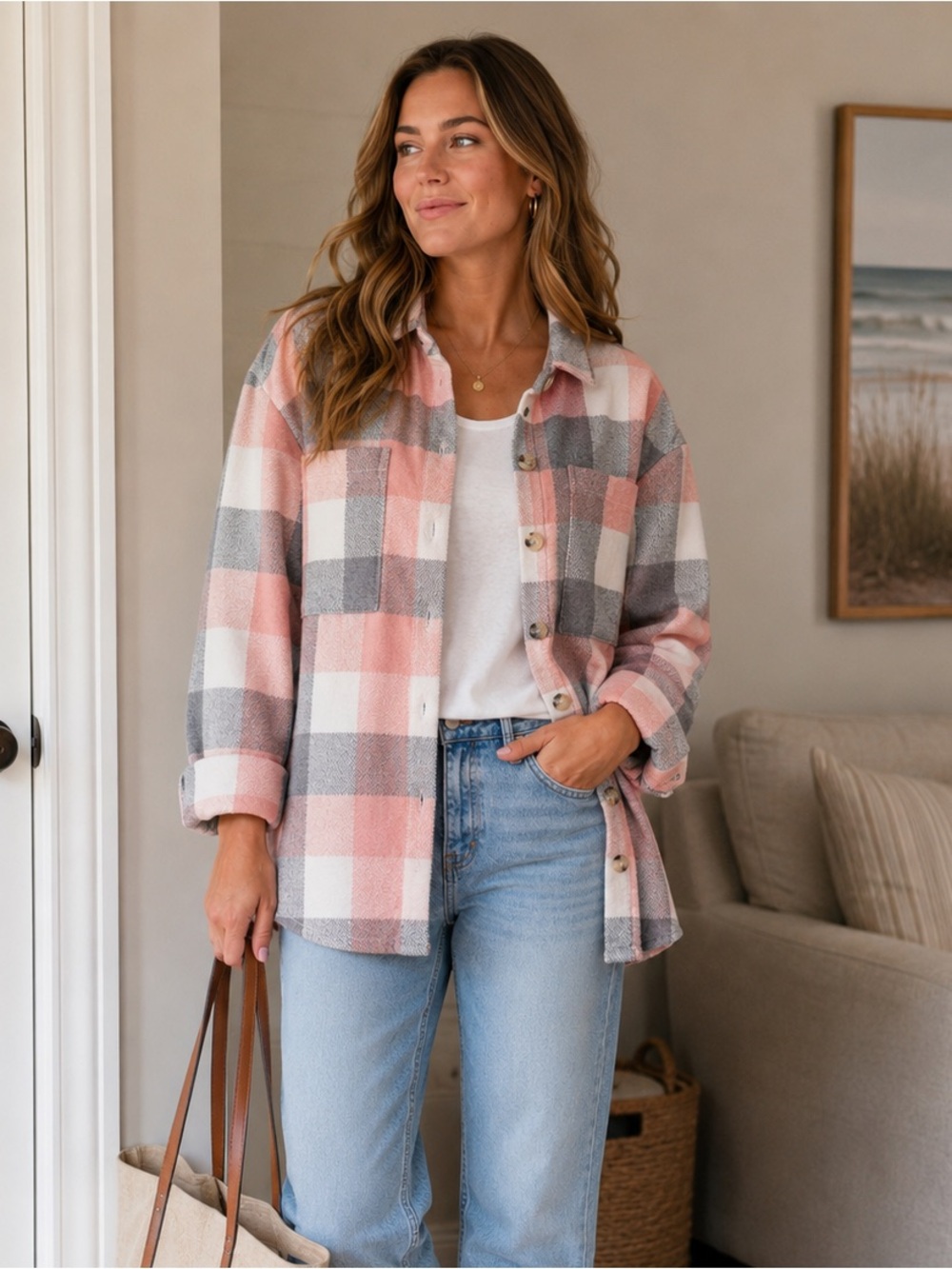Women’s Shirt Jacket Plaid Pink & Gray